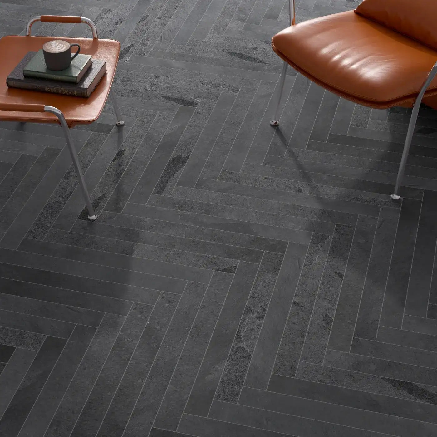 Brazilian Black Slate Herringbone Tile tile image