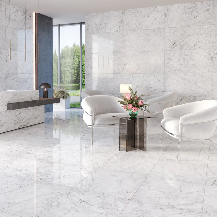 Carrara Gioia Porcelain Tile - Rectified Edge Polished Finish tile image