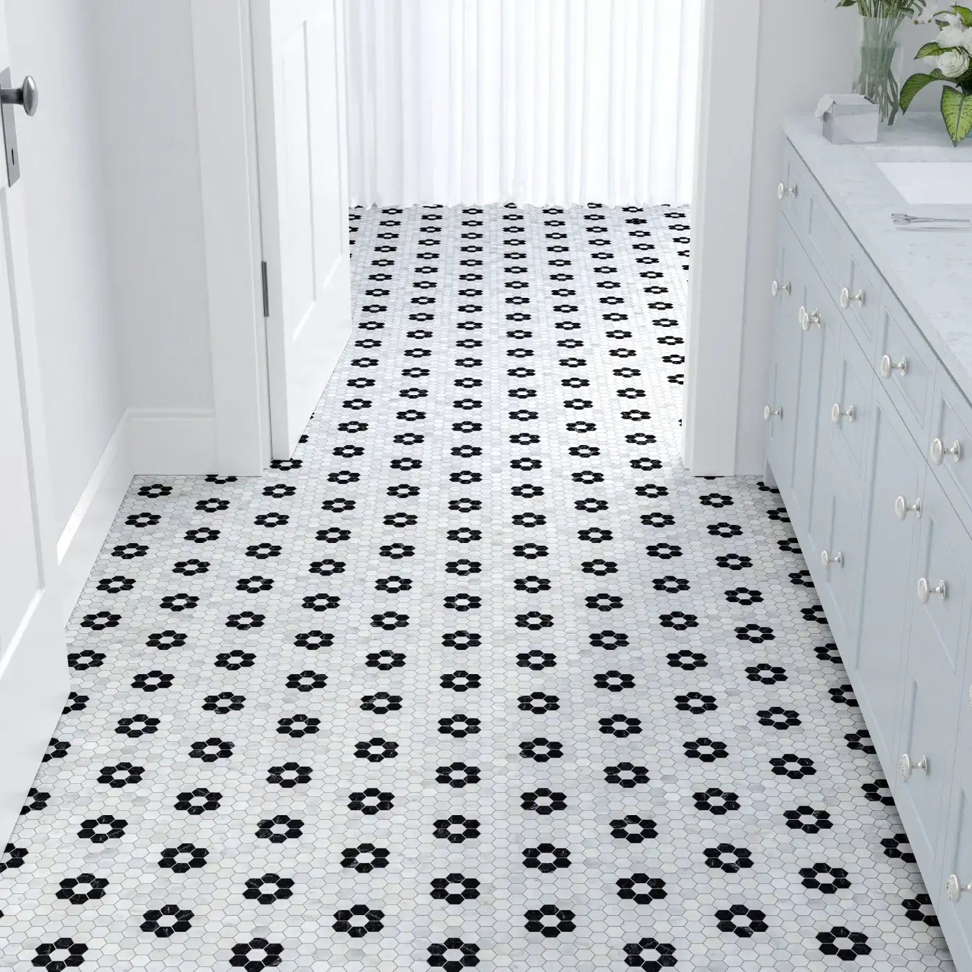 Carrara - St Laurent Marble Flower Mosaic Tile tile image