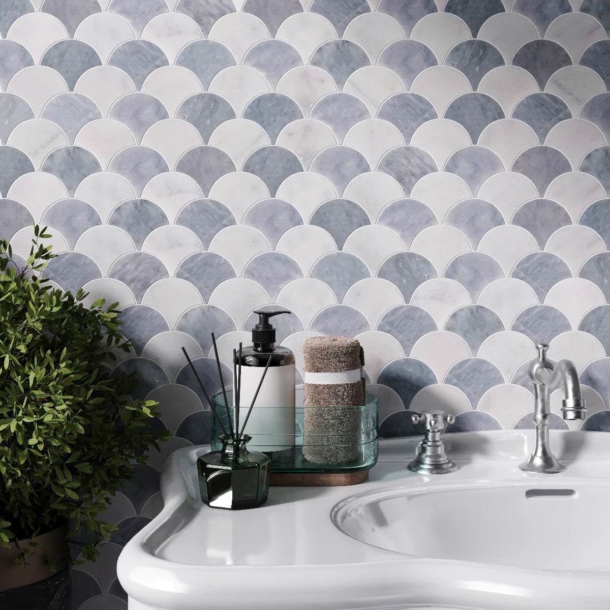 Carrara White - Ash Blue Scallop Shell Marble Mosaic Tile tile image