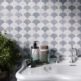 Carrara White - Ash Blue Scallop Shell Marble Mosaic Tile tile image
