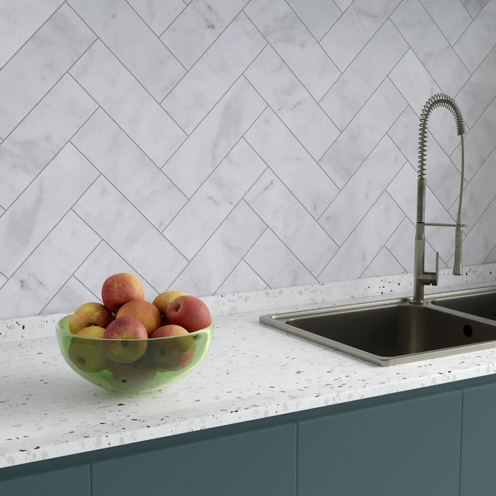 Carrara White Herringbone Marble Tile - Honed tile image