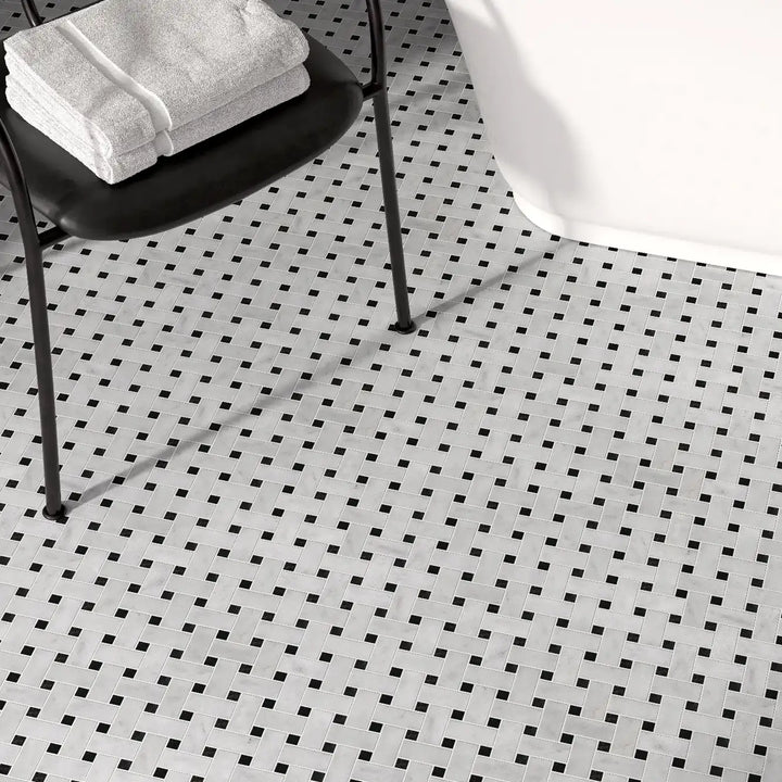 Carrara White - St Laurent Basketweave Marble Mosaic Tile tile image