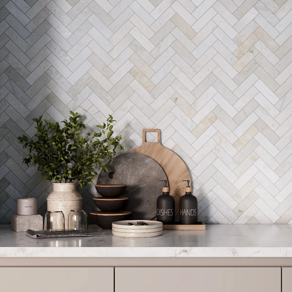 Crema Marfil Herringbone Marble Mosaic Tile - Honed tile image