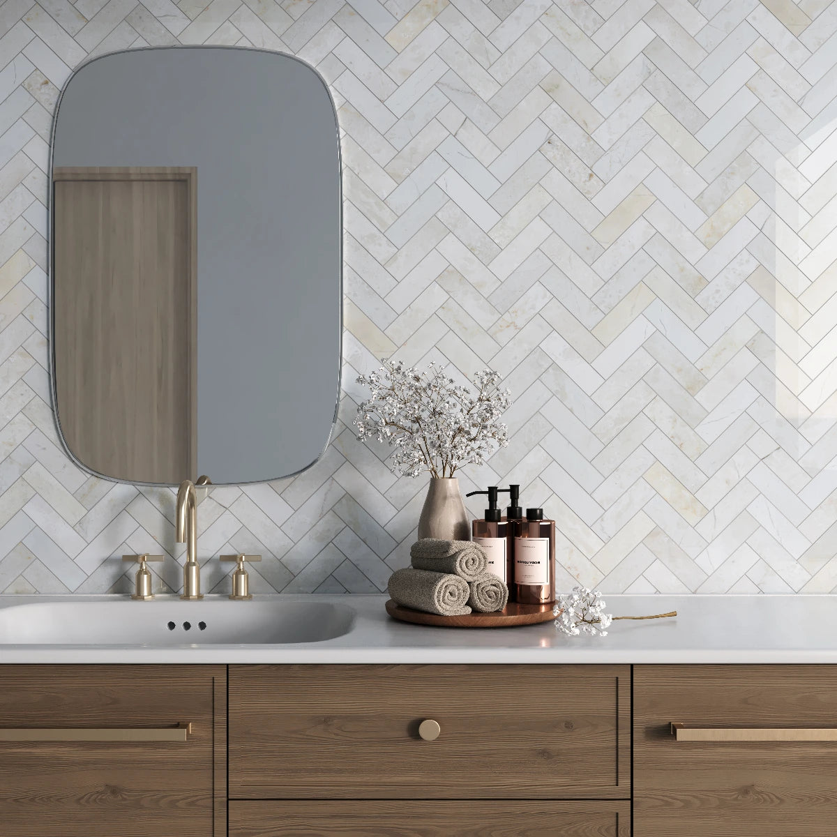 Crema Marfil Herringbone Marble Mosaic Tile - Polished tile image