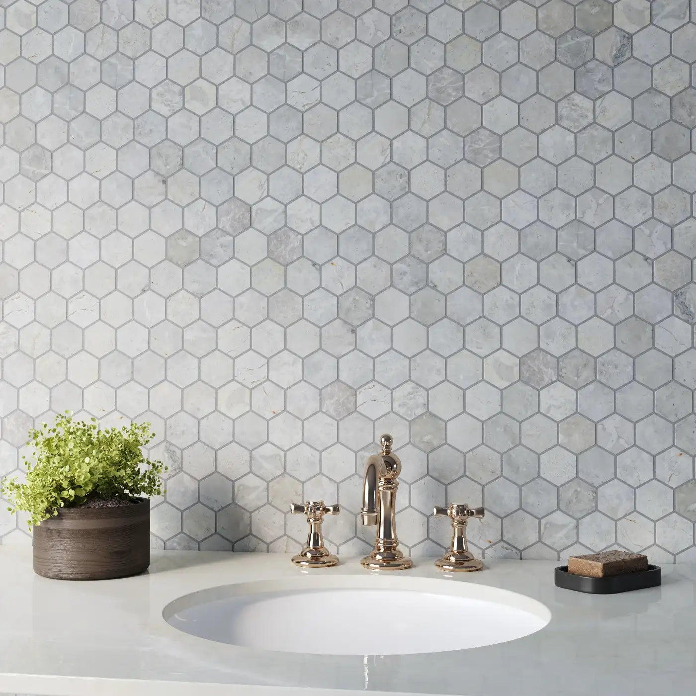 Silver Light Hexagon Marble Mosaic Tile tile image