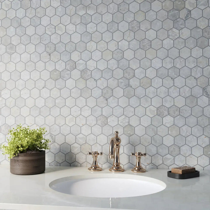 Silver Light Hexagon Marble Mosaic Tile tile image